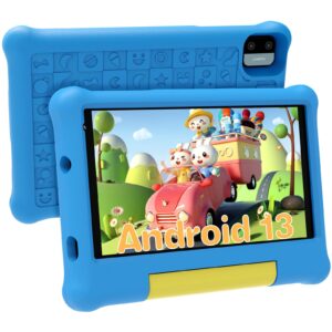 apolosign kids tablet, 7-inch android 13 tablet for kids, 32gb rom with wifi, bluetooth, educational apps, parental control, dual cameras, shockproof case(blue)