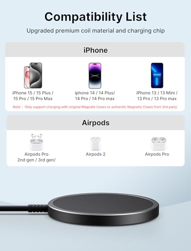 JSAUX Magnetic Wireless Charger 2-Pack Fast Magsafe Charger Compatible with MagSafe Charger, iPhone 15/15plus/15 Pro/15 Pro Max/iPhone 14 Plus/14 Pro Max, iPhone 13 12 Mini Mag Charger Airpods Black