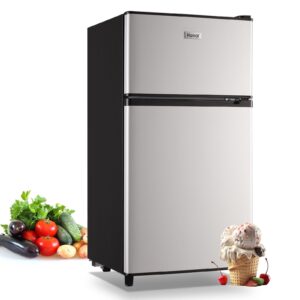 wanai 3.5 cu.ft mini fridge with freezer dual door fridge with 7 level adjustable adjustable thermostat for dorm, office, kitchen, silver