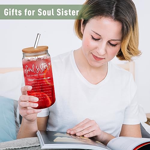 Roeni Friend Gifts for Women - Soul Sister Gifts for Female Friends - Friendship Gifts for Her Birthday - Bestie Cup for Christmas Gift - 16oz Glass Coffee Cup with Lid