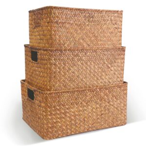 yifanzhibian large seagrass storage baskets bin for organizing, rectangular wicker baskets with built-in handles handwoven storage basket boxes for home organization, 3-pack