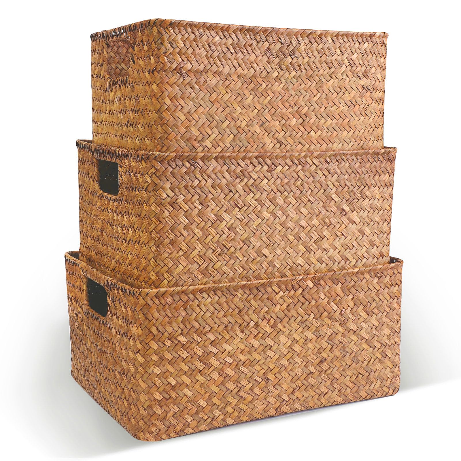 YIFANZHIBIAN Large Seagrass Storage Baskets Bin for Organizing, Rectangular Wicker Baskets with Built-in Handles Handwoven Storage Basket Boxes for Home Organization, 3-pack