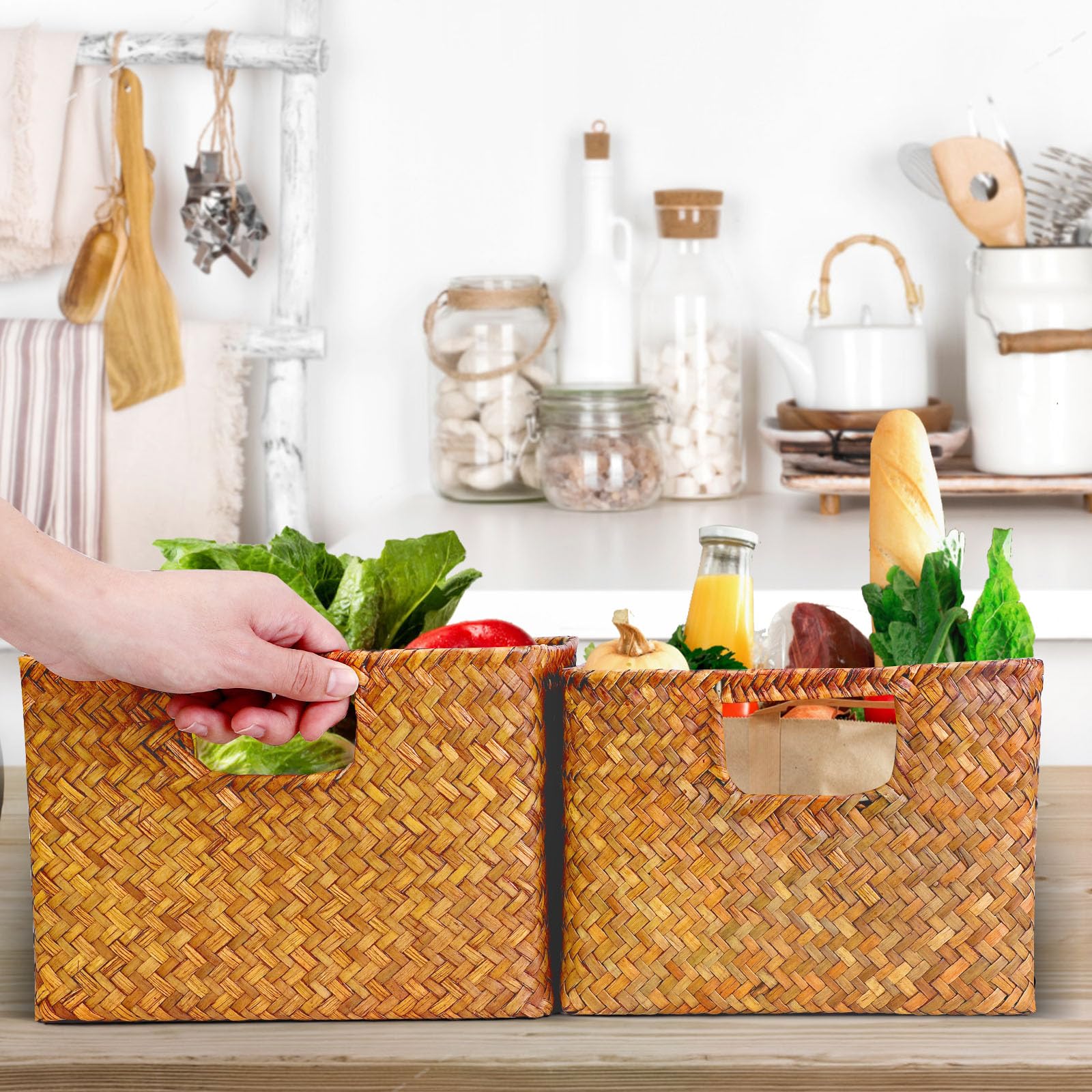 YIFANZHIBIAN Large Seagrass Storage Baskets Bin for Organizing, Rectangular Wicker Baskets with Built-in Handles Handwoven Storage Basket Boxes for Home Organization, 3-pack