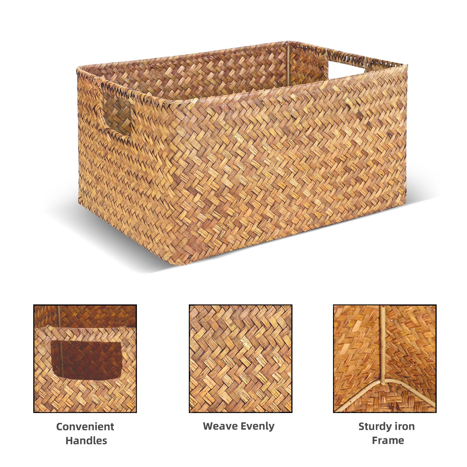 YIFANZHIBIAN Large Seagrass Storage Baskets Bin for Organizing, Rectangular Wicker Baskets with Built-in Handles Handwoven Storage Basket Boxes for Home Organization, 3-pack