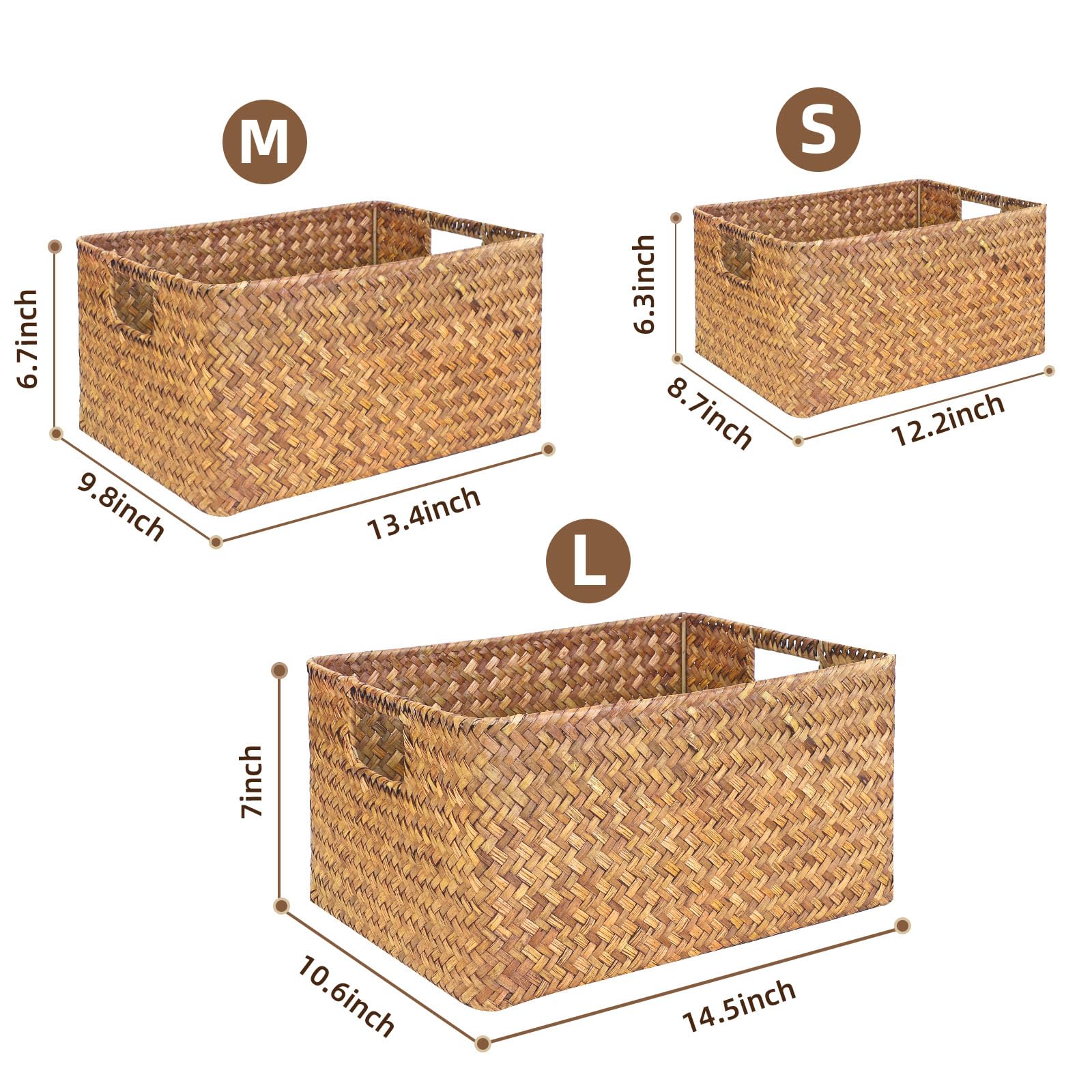 YIFANZHIBIAN Large Seagrass Storage Baskets Bin for Organizing, Rectangular Wicker Baskets with Built-in Handles Handwoven Storage Basket Boxes for Home Organization, 3-pack