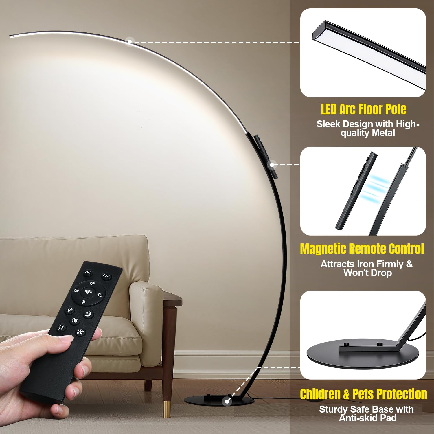 Dimmable LED Floor Lamp with 3 Color Temperatures, Ultra Bright 2000LM Arc Floor Lamps for Living Room, Modern Standing Tall Lamp with Remote Control Reading Floor Lamp for Bedroom Office Classroom