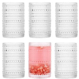 dingerjar hobnail drinking glasses set of 6（13 oz） hobnail water kitchen glassware, embossed vintage juice glasses tall bar drinkware