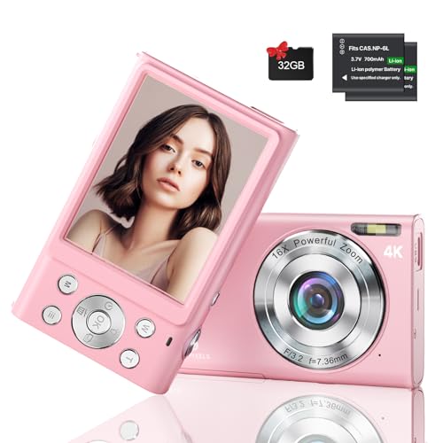 4K Digital Camera, 48MP Autofocus Vlogging Camera for YouTube Compact Camera for Photography with 16X Digital Zoom, 32GB SD Card, 2.8" IPS Screen, 2 Batteries and Battery Charger