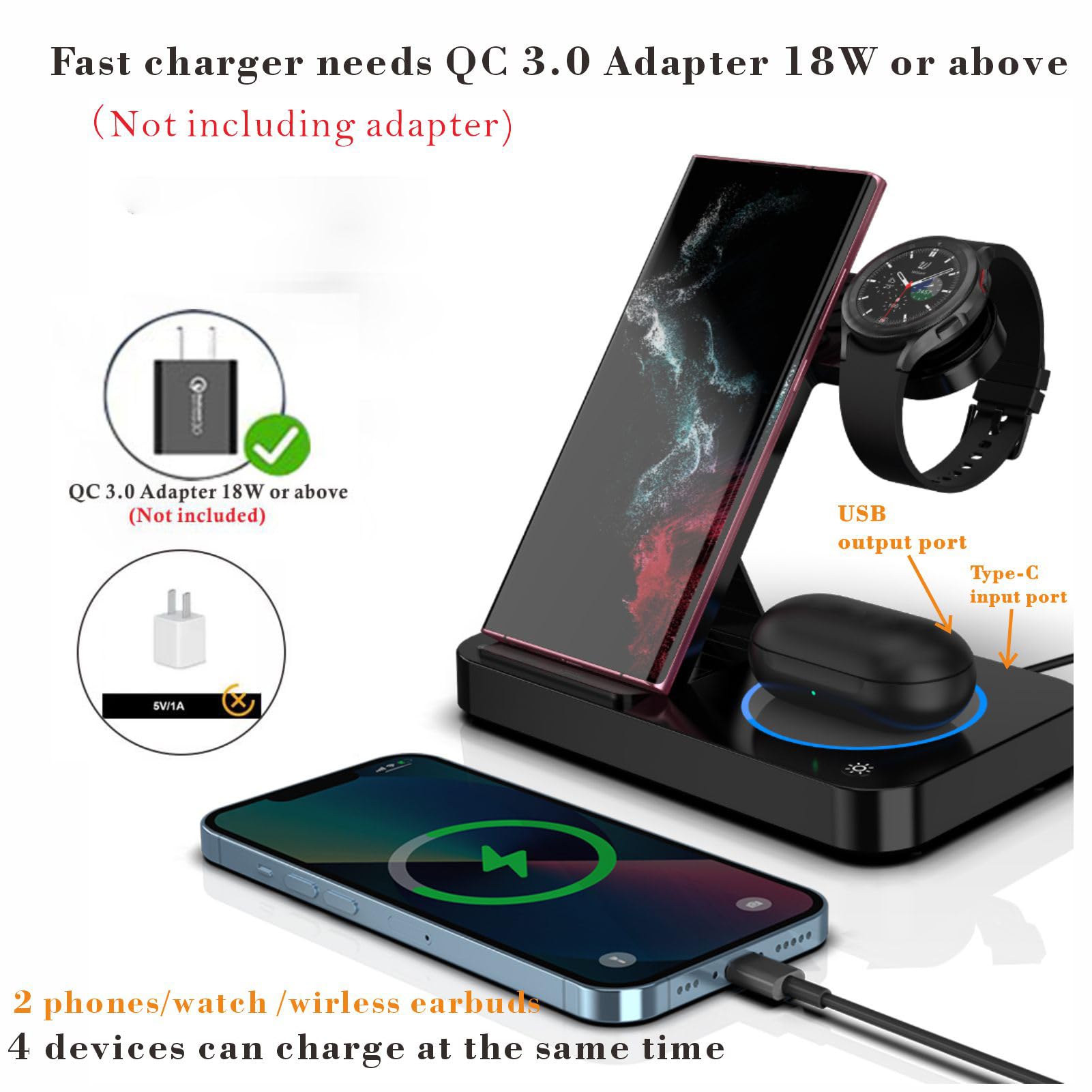 Wireless Charging Station for Samsung Android Multiple Devices 3 in 1 Foldable fast wireless Charger Stand for Phone Galaxy Z Flip 5/4 Z Fold 5/4 S24 S23 S22 S20 Ultra Galaxy Watch 6/5/4/3 Galaxy Buds