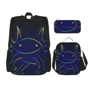 DICITNET Stylized Rainbow Axolotl Backpack Set for Perfect For Travel(Backpack + Pencil Case + Lunchbag Combination)