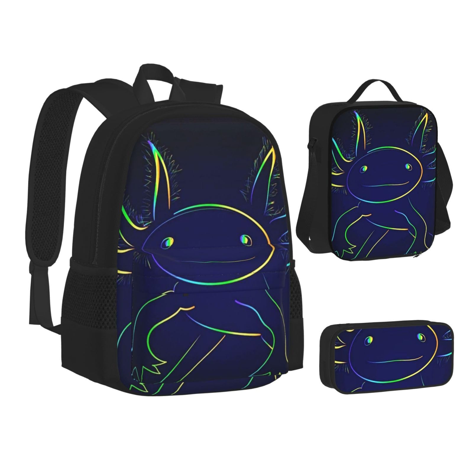 DICITNET Stylized Rainbow Axolotl Backpack Set for Perfect For Travel(Backpack + Pencil Case + Lunchbag Combination)