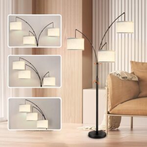 Arc Floor Lamp for Living Room,Modern Mid Century Multi-Tree Floor Lamp with Heavy Base for Bedroom Office,3-Light Dimmable Floor Lamp with Adjustable Hanging Oatmeal Shades and 3 LED Bulbs