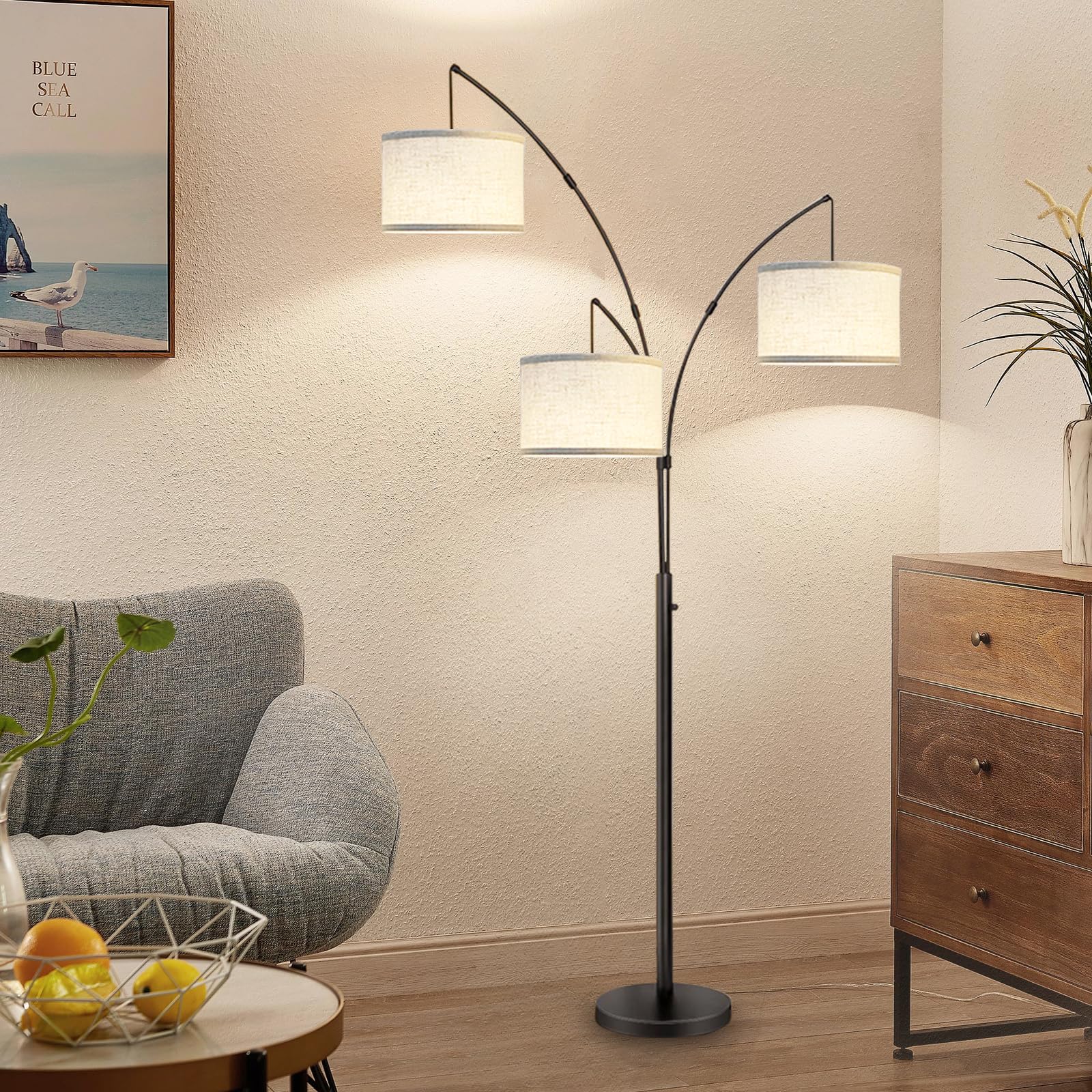 Arc Floor Lamp for Living Room,Modern Mid Century Multi-Tree Floor Lamp with Heavy Base for Bedroom Office,3-Light Dimmable Floor Lamp with Adjustable Hanging Oatmeal Shades and 3 LED Bulbs