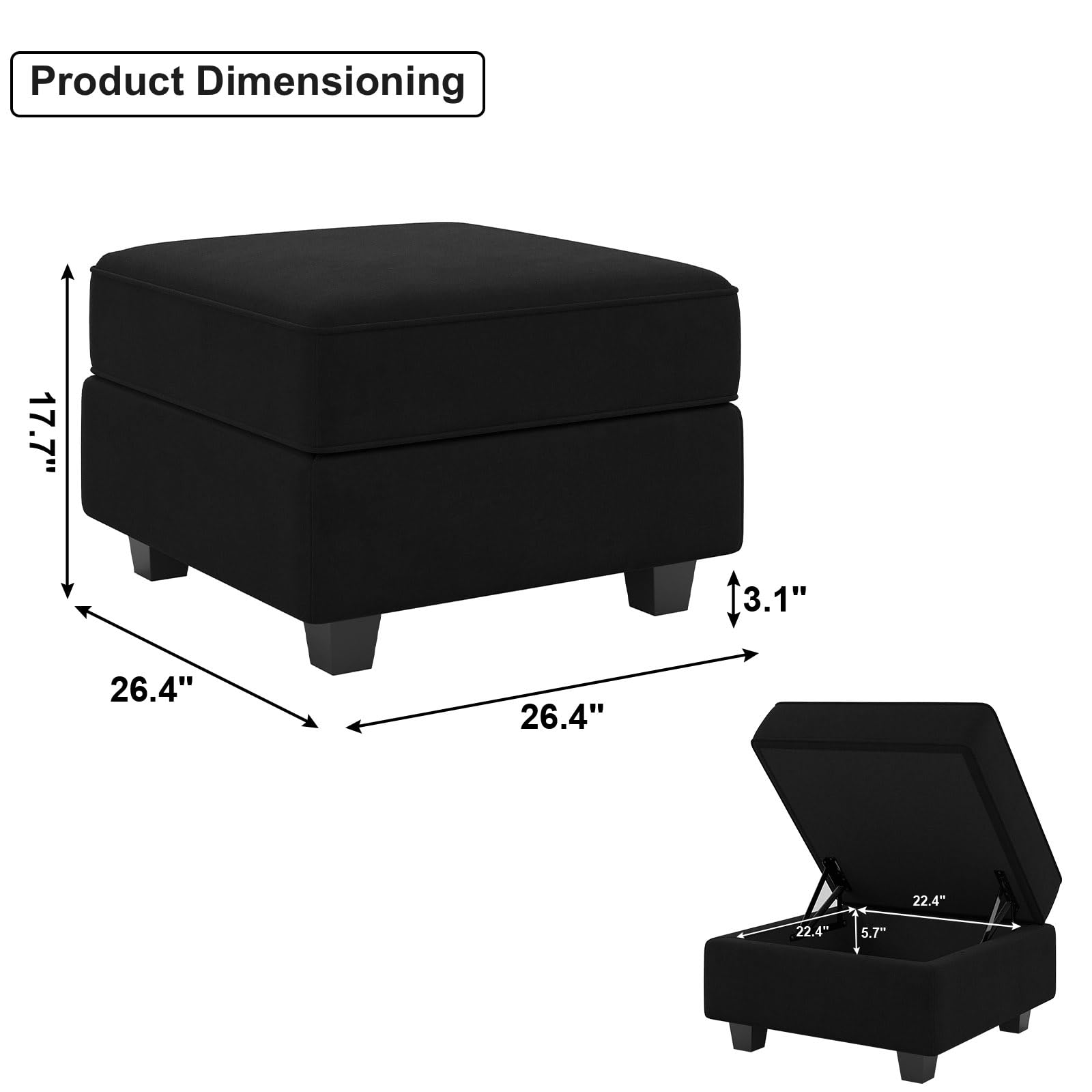 Belffin Storage Ottoman Module for Modular Sectional Sofa Square Seat Cube Velvet Foot Stool Black