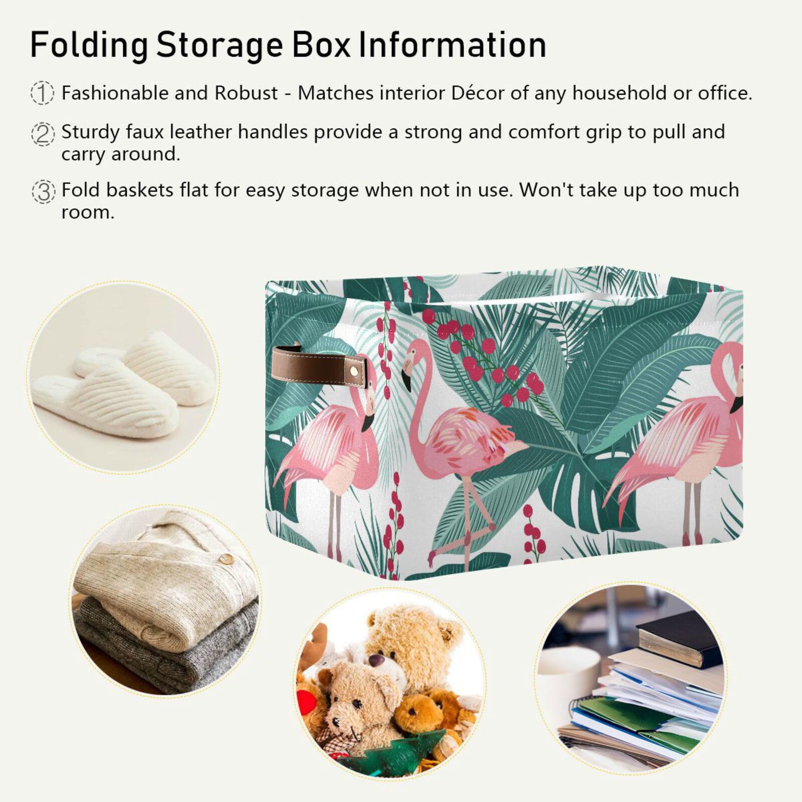 Aslsiy Toy Storage Basket Couple Flamingo Nursery Bins Tropical Leaves Flowers Baby Toys Box Canvas Clothes Shelf Basket Laundry Hamper Gift Basket for Home Dorm Closet 1 Pcs