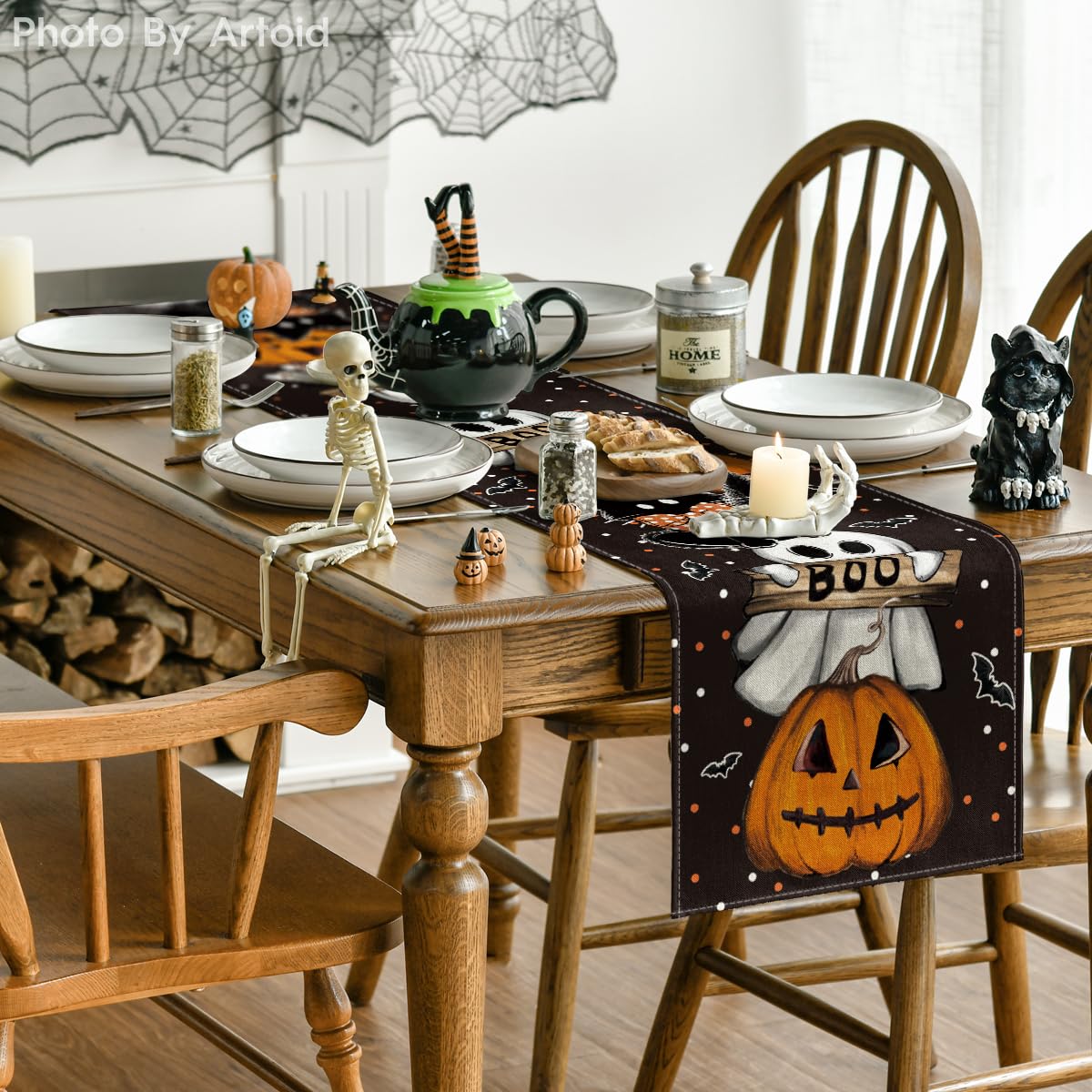 Artoid Mode Polka Dot Ghost Pumpkin Cat Boo Halloween Table Runner, Bat Seasonal Fall Kitchen Dining Table Decoration for Home Party Decor 13x72 Inch