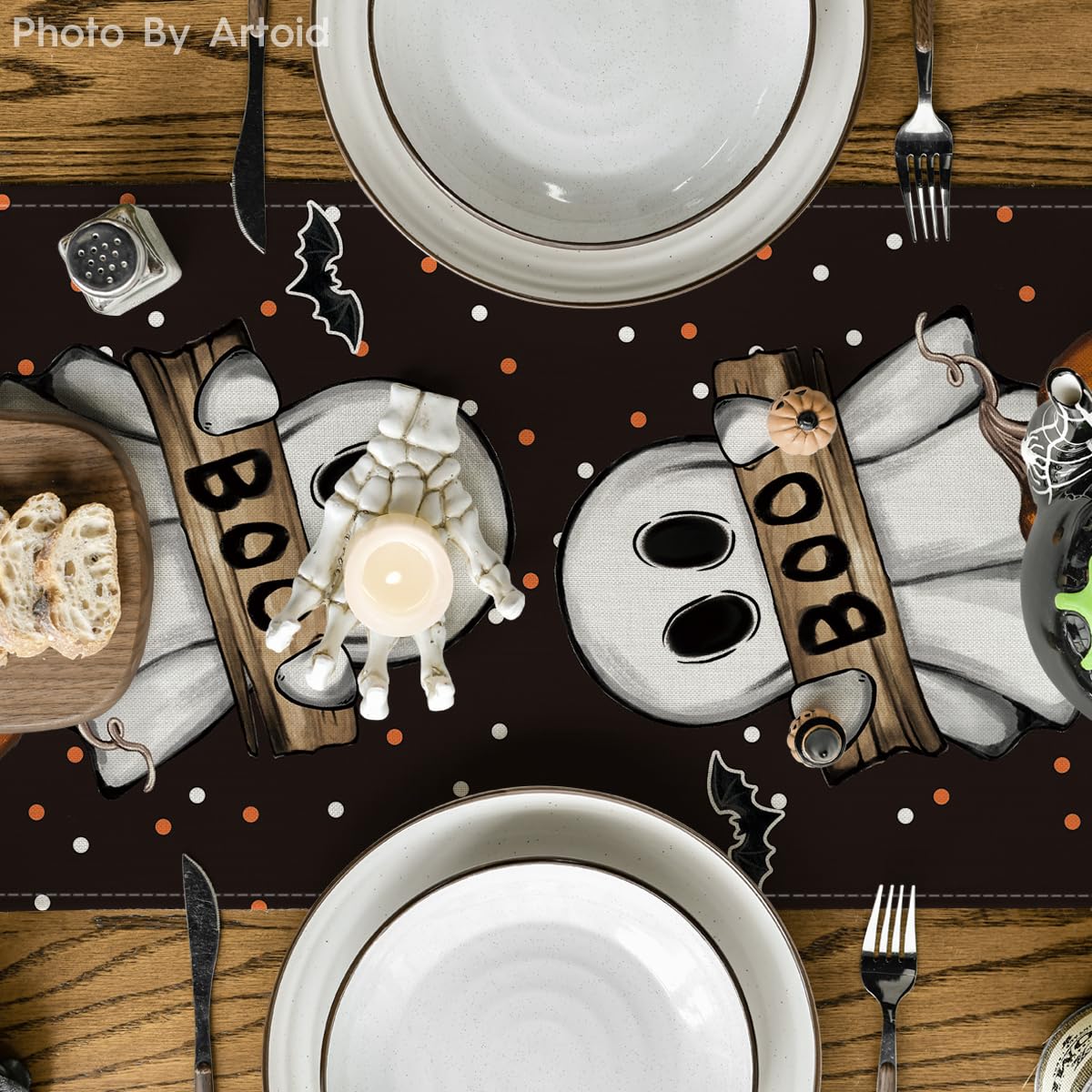 Artoid Mode Polka Dot Ghost Pumpkin Cat Boo Halloween Table Runner, Bat Seasonal Fall Kitchen Dining Table Decoration for Home Party Decor 13x72 Inch