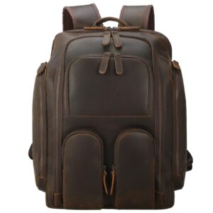 masa kawa vintage leather 15.6" laptop computer backpack camera bag for men photographers brown large business travel work multi pockets rucksack daypack