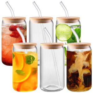 6 pack glass cups with bamboo lids and straws - 16 oz glass tumbler with straw and lid & cleaning brush,iced coffee cups with lids smoothie cups,ideal for beer, cocktail, whiskey,gift