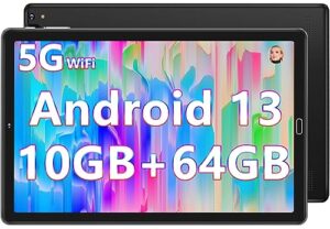 goodtel 2024 newest tablet 10-inch 10gb ram 64gb rom 1tb tf, android 13, wifi 5g/2.4g, bluetooth 5.0, gms, widget, split-screen function, agps, otg, type-c, 3.5mm aux, 6000mah, 8+5mp, black