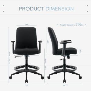 Drafting Chair, Tall Office Chair with Adjustable Armrests, Executive Ergonomic Computer Standing Desk Chair, Office Drafting Chair with Footrest Ring-Black