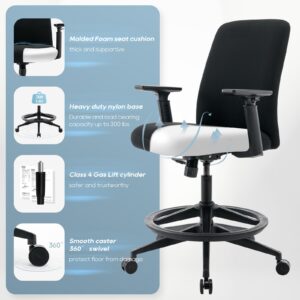 Drafting Chair, Tall Office Chair with Adjustable Armrests, Executive Ergonomic Computer Standing Desk Chair, Office Drafting Chair with Footrest Ring-Black