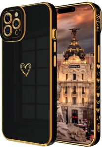 routdom compatible with iphone 12 pro max case for women girls aesthetic cute cool luxury trendy gold heart design,slim thin silicone shockproof protective phone cover for iphone 12 pro max（black）