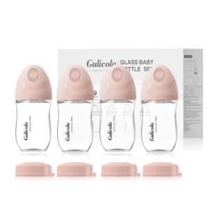 gulicola natural glass baby bottle 4 pack, newborn breastfeeding bottles gift set, extra slow flow nipples (ss), anti colic, 0 months+, 5 oz - pink