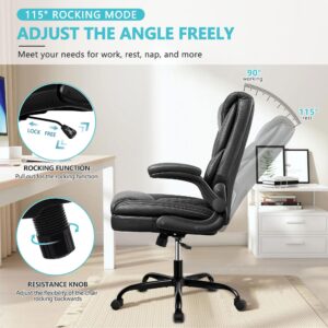 BestEra Office Chair, Executive Leather Chair Home Office Desk Chairs, Ergonomic Computer Desk Chair with Adjustable Flip-Up Arms, Lumber Support Swivel Task Chair with Rocking Function (Black)