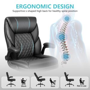 BestEra Office Chair, Executive Leather Chair Home Office Desk Chairs, Ergonomic Computer Desk Chair with Adjustable Flip-Up Arms, Lumber Support Swivel Task Chair with Rocking Function (Black)