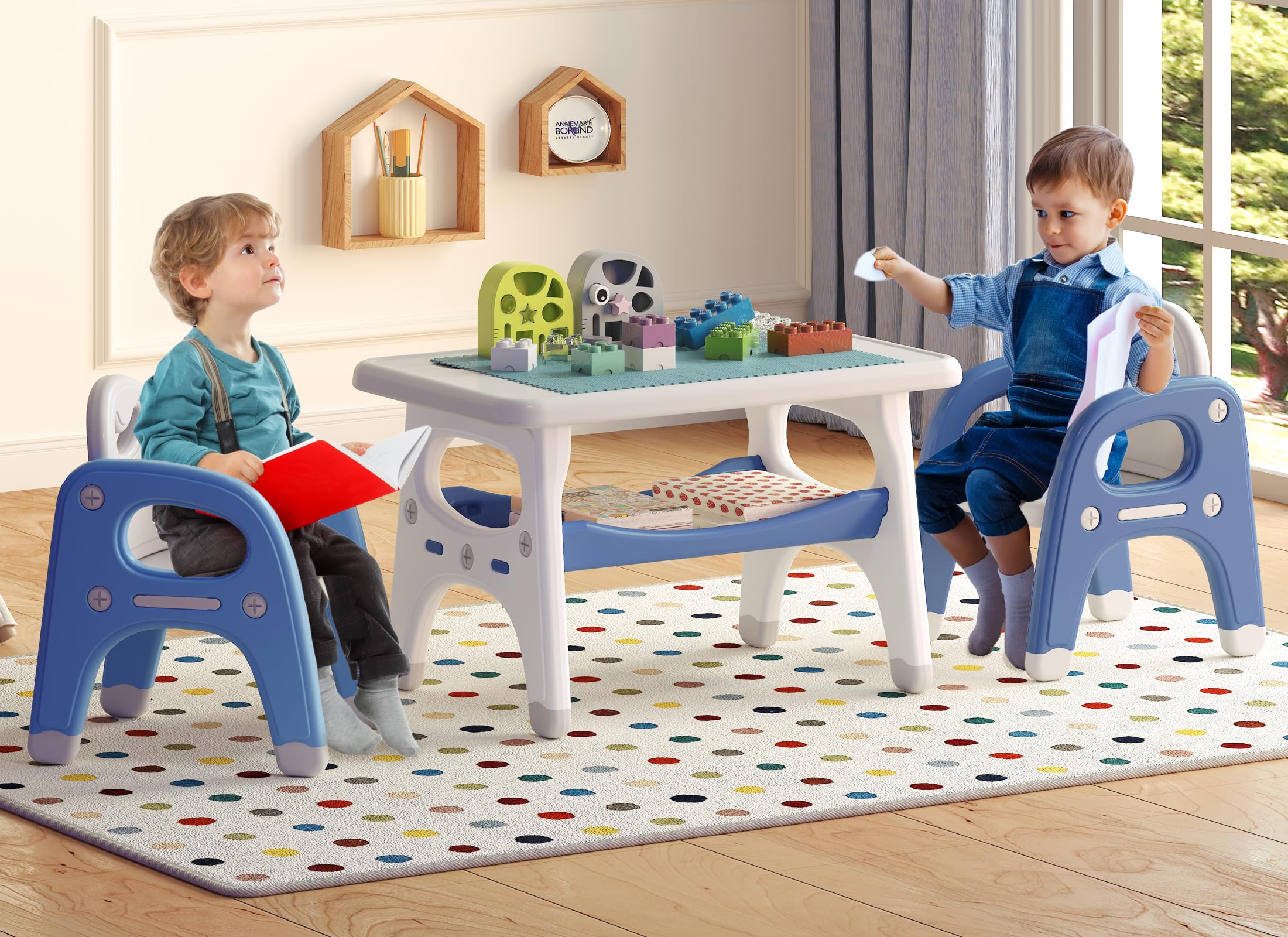 Toddler Table and Chair Set, Kids Table and Chairs with Storage Space and 2 Chairs, Toddler Chair and Table Set for 1-6, Toddler Table and Chairs for Playroom, Bedroom, Kindergarten, Nursery (Blue)