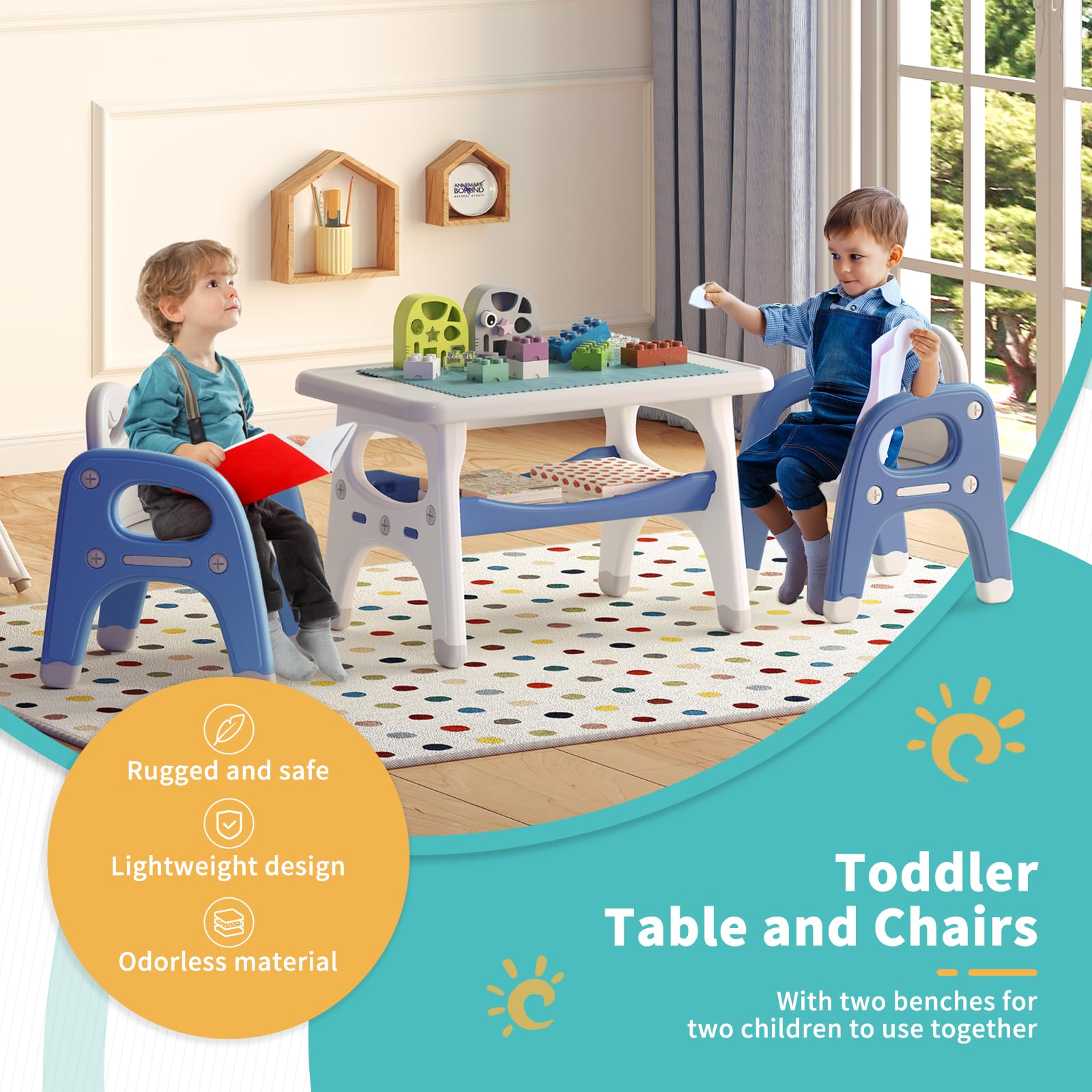 Toddler Table and Chair Set, Kids Table and Chairs with Storage Space and 2 Chairs, Toddler Chair and Table Set for 1-6, Toddler Table and Chairs for Playroom, Bedroom, Kindergarten, Nursery (Blue)