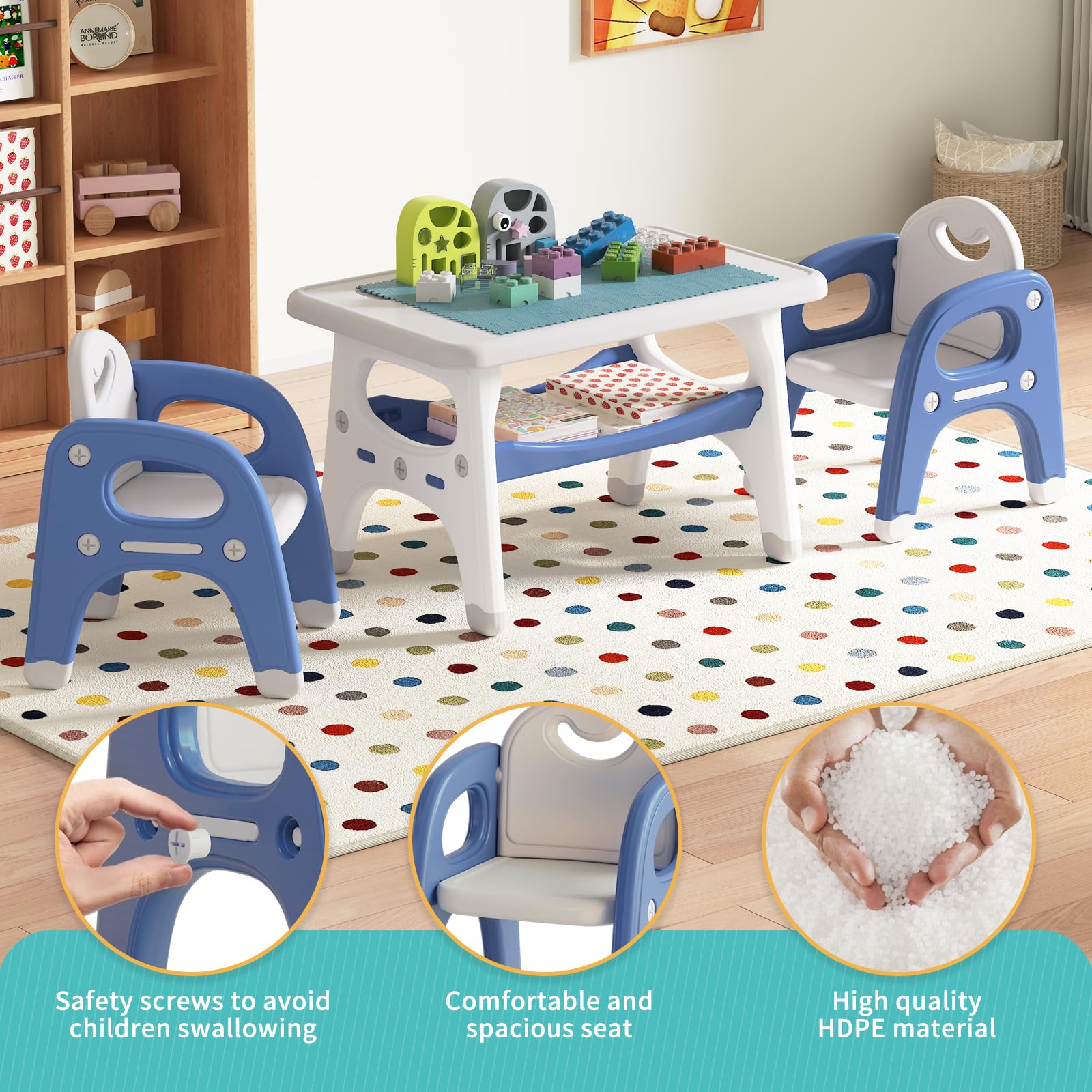 Toddler Table and Chair Set, Kids Table and Chairs with Storage Space and 2 Chairs, Toddler Chair and Table Set for 1-6, Toddler Table and Chairs for Playroom, Bedroom, Kindergarten, Nursery (Blue)