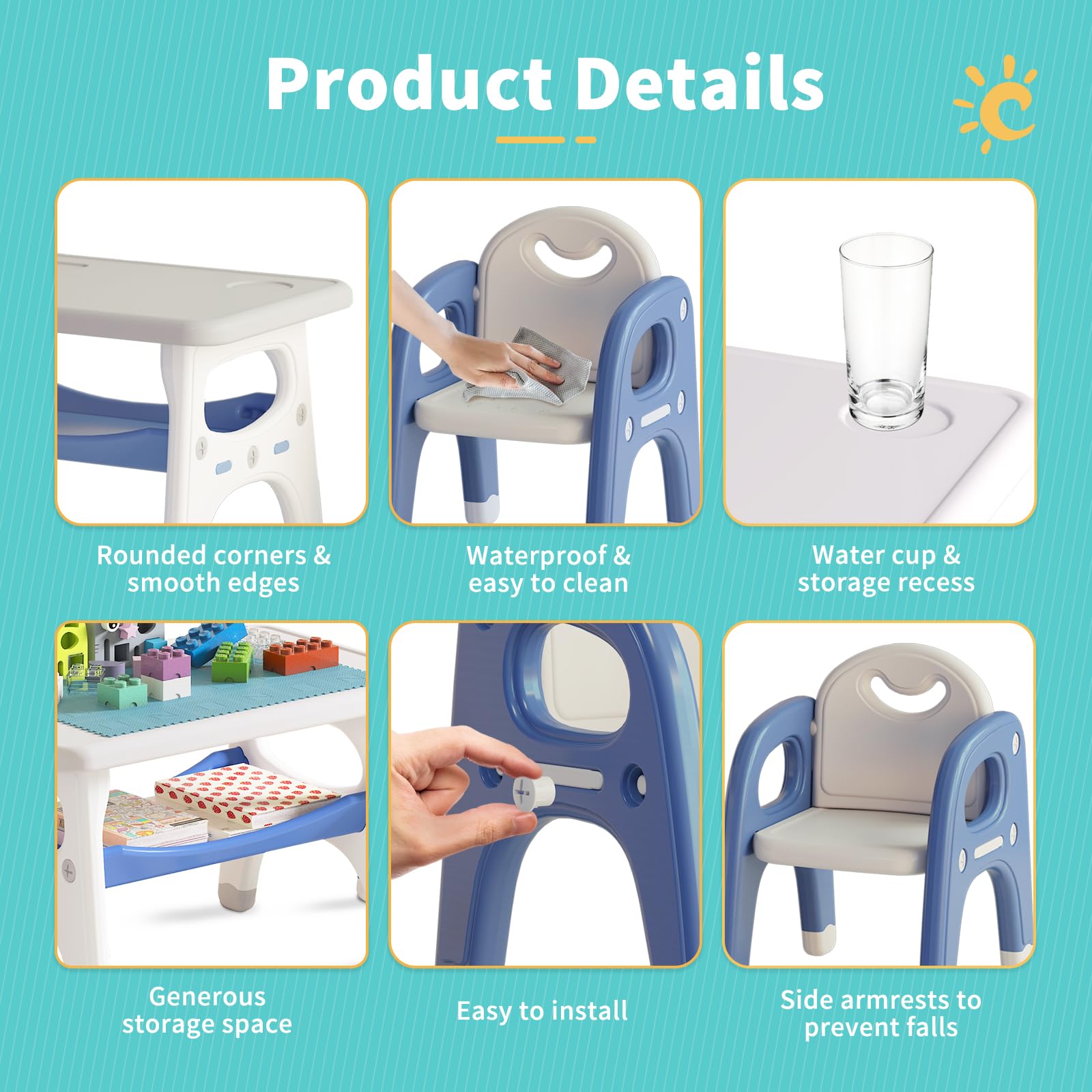 Toddler Table and Chair Set, Kids Table and Chairs with Storage Space and 2 Chairs, Toddler Chair and Table Set for 1-6, Toddler Table and Chairs for Playroom, Bedroom, Kindergarten, Nursery (Blue)