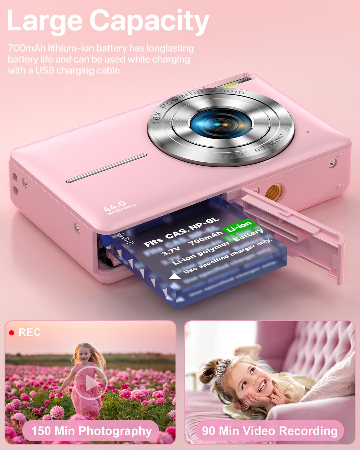 Digital Camera, FHD 1080P Kids Camera 44MP Compact Digital Camera with 32GB Card, 1 Batteries 16X Digital Zoom Point and Shoot Digital Cameras Gift for Kids Boys Girls Teens (Pink)