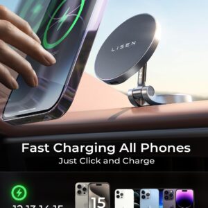 LISEN for Magsafe Car Mount Charger [Fastest Charging Speed] 15W Fast Charging Wireless Car Charger iPhone Car Mount, Phone Holder Mount for Car Dashboard for iPhone 15 Pro Max Plus 14 13 12 Mini