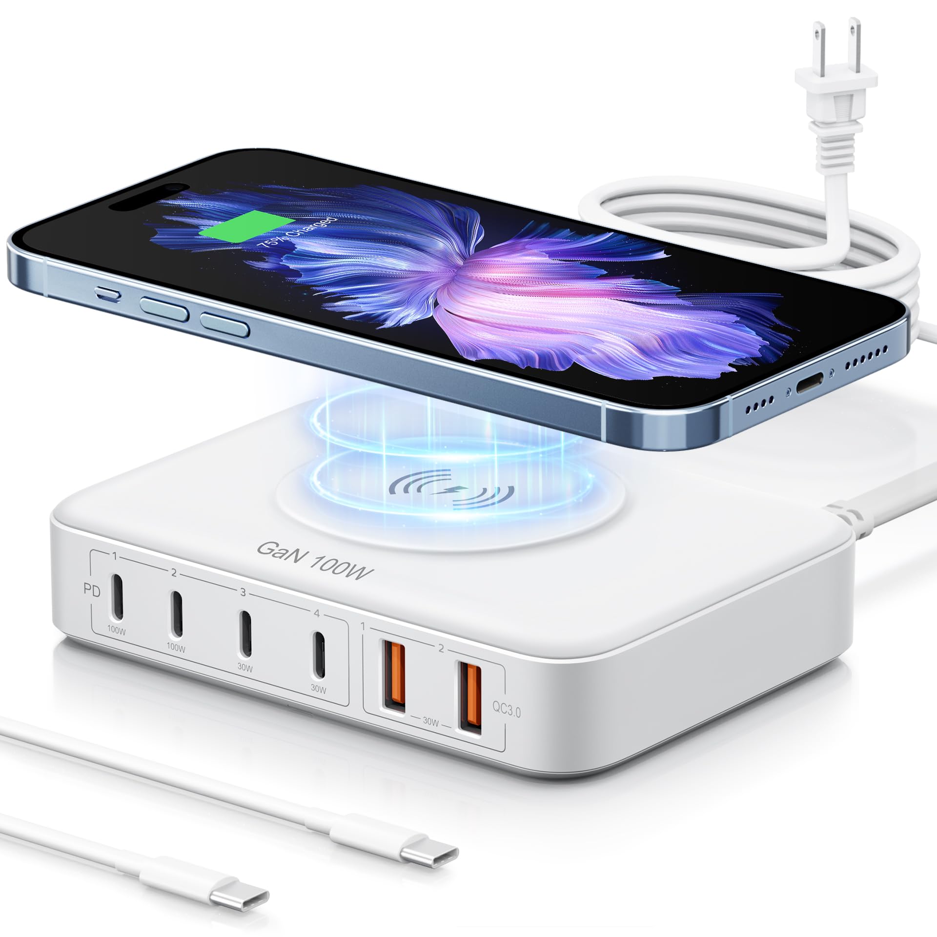 100W USB Charging Station with 15W Wireless Charger, Marnana 6-in-1 Multiple USB Ports(2 USB A and 4 USB C Ports) GaN Desktop Charger for iPhone iPad MacBook Laptop Samsung and Android Devices