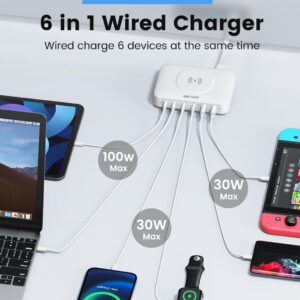 100W USB Charging Station with 15W Wireless Charger, Marnana 6-in-1 Multiple USB Ports(2 USB A and 4 USB C Ports) GaN Desktop Charger for iPhone iPad MacBook Laptop Samsung and Android Devices