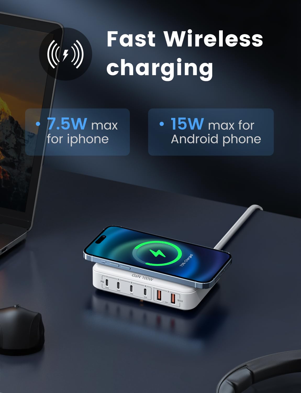 100W USB Charging Station with 15W Wireless Charger, Marnana 6-in-1 Multiple USB Ports(2 USB A and 4 USB C Ports) GaN Desktop Charger for iPhone iPad MacBook Laptop Samsung and Android Devices