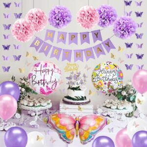 Iysoll Butterfly Birthday Party Decorations Supplies pink and purple butterfly decorations for girls Happy Birthday Banner Paper Pom Poms Foil Balloons 3D Butterfly Wall Decor Butterfly Garland