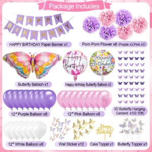 Iysoll Butterfly Birthday Party Decorations Supplies pink and purple butterfly decorations for girls Happy Birthday Banner Paper Pom Poms Foil Balloons 3D Butterfly Wall Decor Butterfly Garland