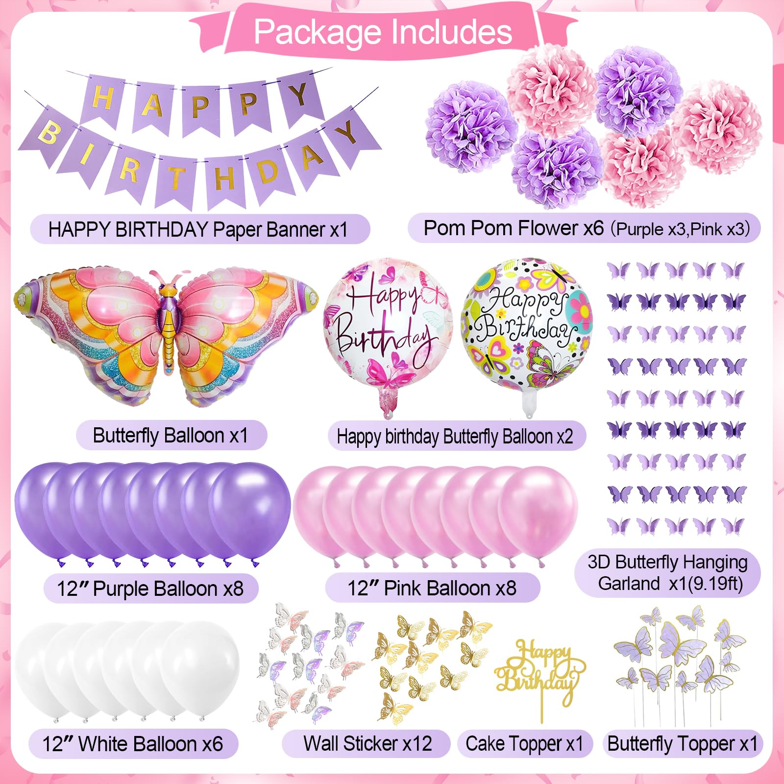 Iysoll Butterfly Birthday Party Decorations Supplies pink and purple butterfly decorations for girls Happy Birthday Banner Paper Pom Poms Foil Balloons 3D Butterfly Wall Decor Butterfly Garland