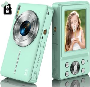 digital camera, fhd 1080p kids camera 44mp compact digital camera with 32gb card, 1 batteries 16x digital zoom point and shoot digital cameras gift for kids boys girls teens (green)