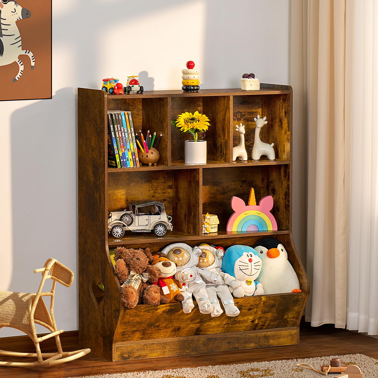 Lerliuo Kids Toy Storage Organizer, 3 Tier Children Bookcase and Bookshelf, Toddler 6 Cubby Toy Storage Cabinet, Toy Shelf for Playroom, Bedroom, Living Room, Nursery, School 39.37'' H (Brown)