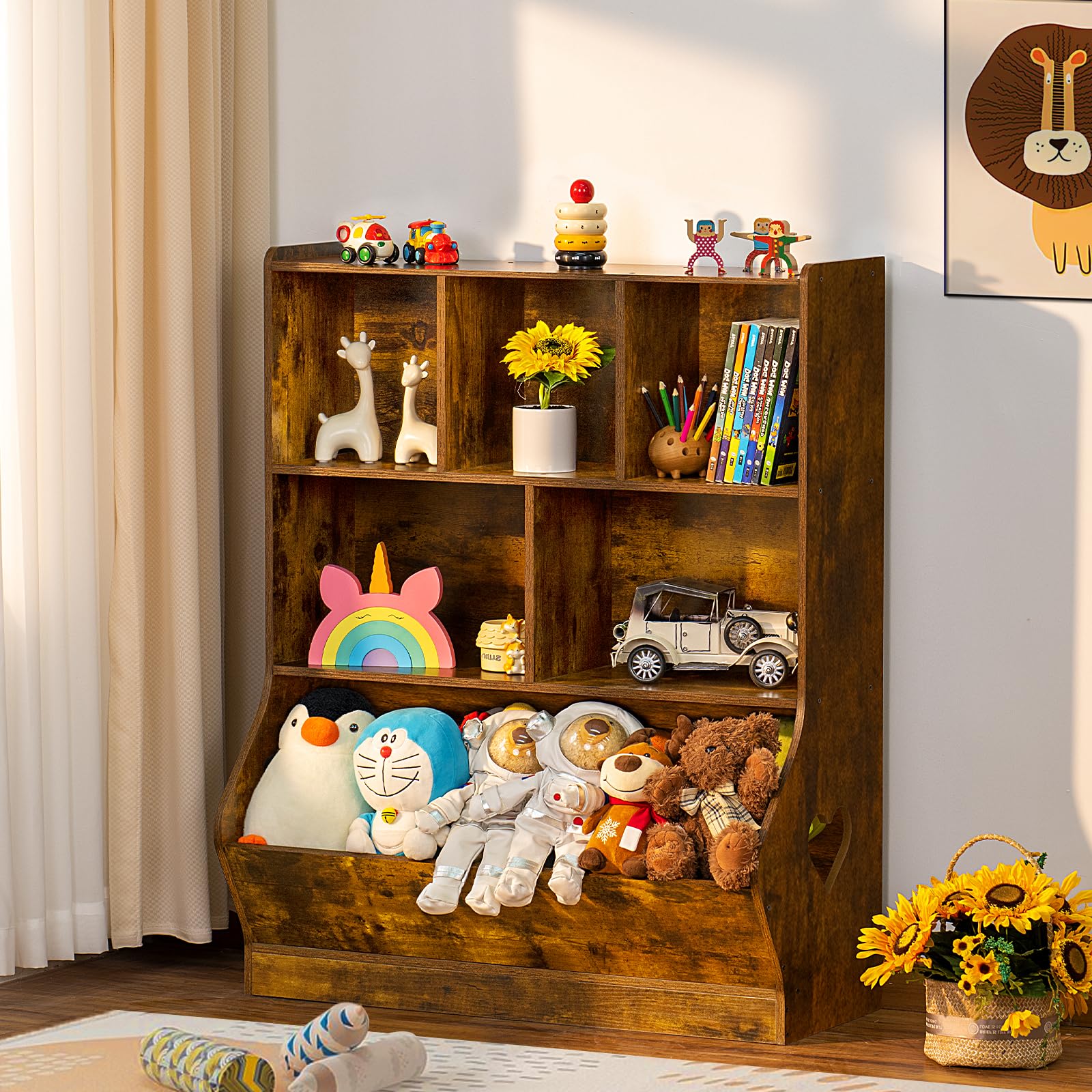 Lerliuo Kids Toy Storage Organizer, 3 Tier Children Bookcase and Bookshelf, Toddler 6 Cubby Toy Storage Cabinet, Toy Shelf for Playroom, Bedroom, Living Room, Nursery, School 39.37'' H (Brown)