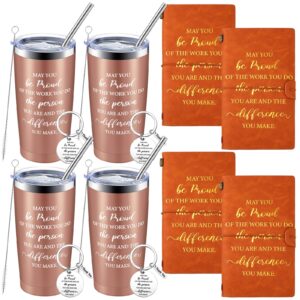 yaomiao 4 employee thank you gifts set includes stainless steel insulated travel tumbler 20 oz leather journal and may you proud of keychain teacher appreciation gift set wine cup (rose gold)