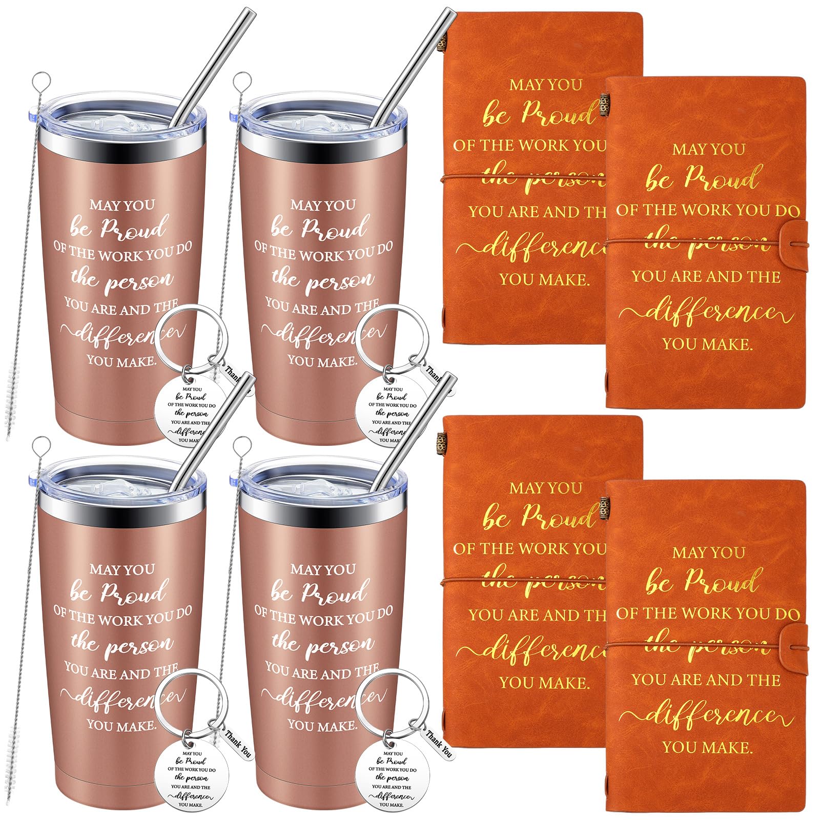 Yaomiao 4 Employee Thank You Gifts Set Includes Stainless Steel Insulated Travel Tumbler 20 oz Leather Journal and May You Proud of Keychain Teacher Appreciation Gift Set Wine Cup (Rose Gold)
