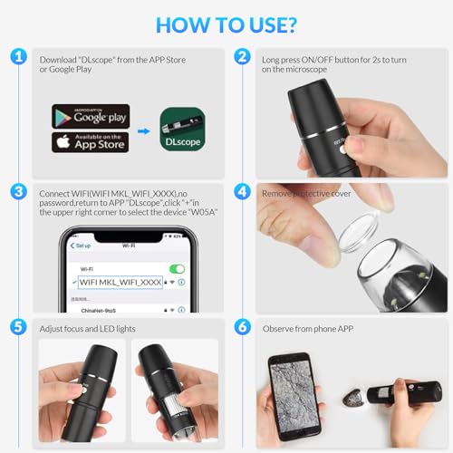 Handheld Digital Microscope Wireless Portable for Kids Adults 50x-1000x Magnification with 360 Rotate Stand Compatible with iOS/Android iPhone, iPad