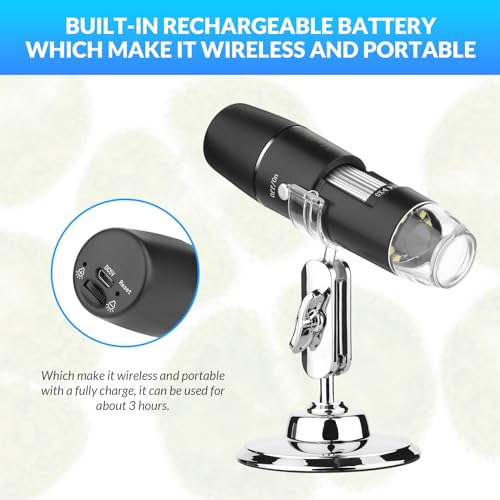 Handheld Digital Microscope Wireless Portable for Kids Adults 50x-1000x Magnification with 360 Rotate Stand Compatible with iOS/Android iPhone, iPad