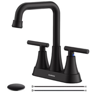matte black bathroom sink faucet, hurran 4 inch bathroom faucets for sink 3 hole with pop-up drain and supply lines, stainless steel 2-handle centerset faucet for bathroom sink vanity rv restroom